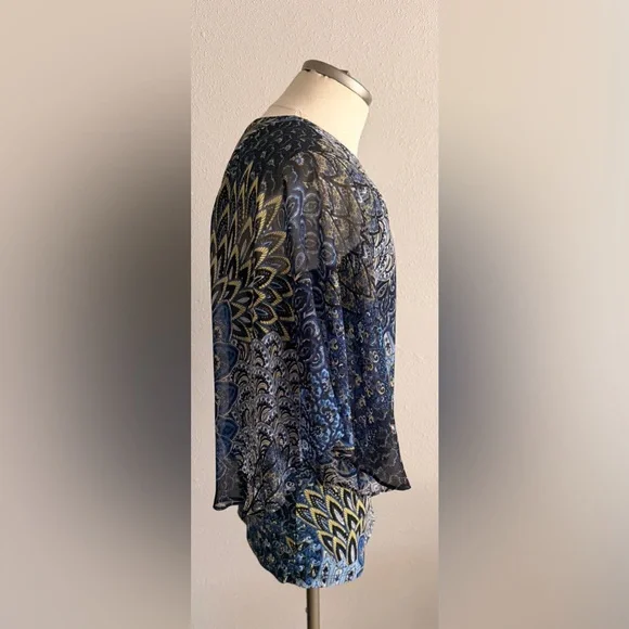 Coco Bianco Blue and Yellow Feather Print Blouse Small - Picture 2 of 5